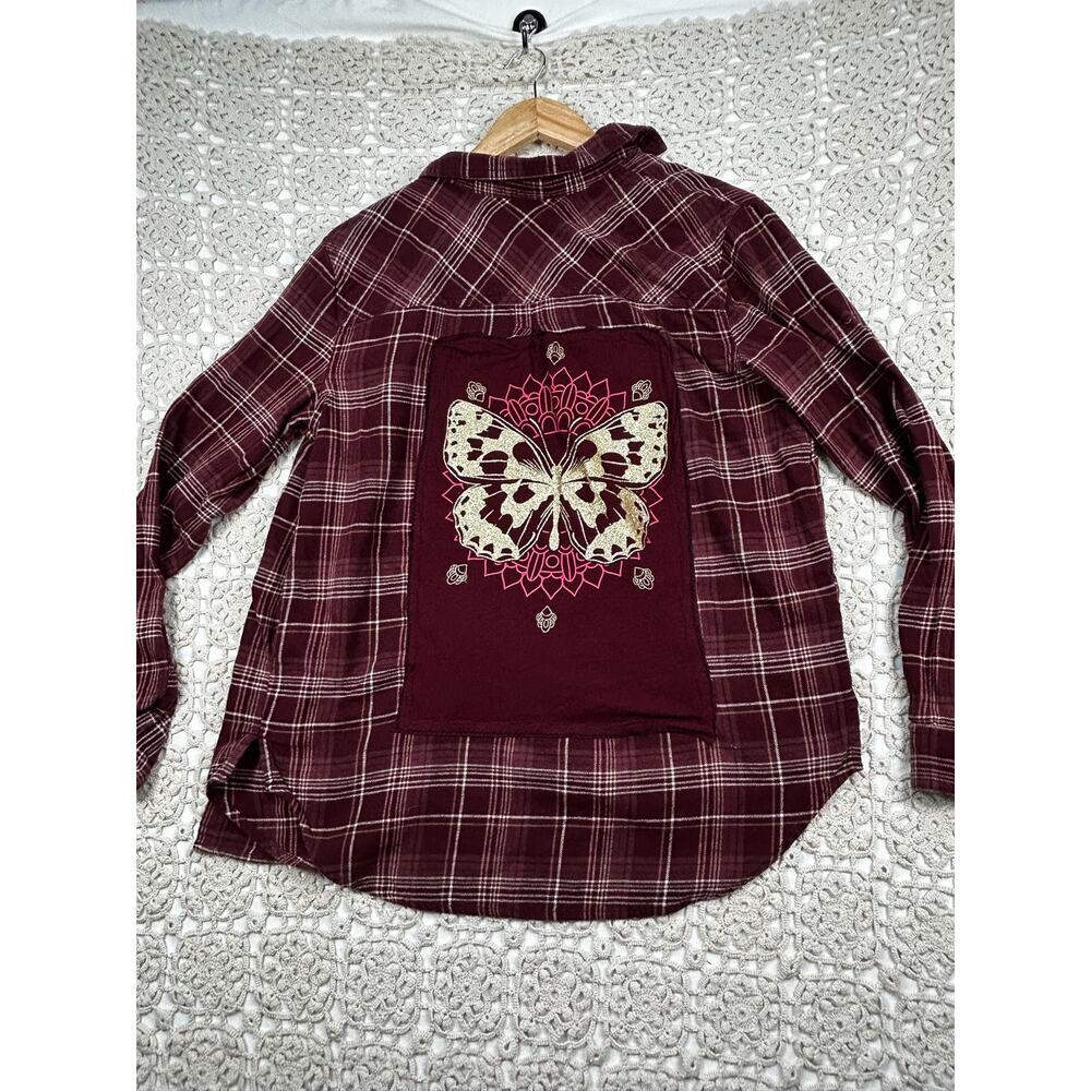 SONOMA Burgundy Wine Plaid Upcycled Butterfly Flannel Shirt Size Small - Picture 3 of 11